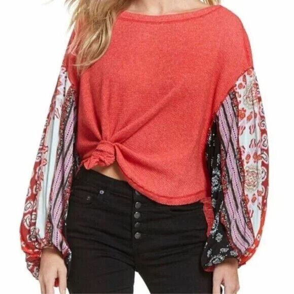 FREE PEOPLE we the free waffle knit red balloon sleeve top size Small - Picture 1 of 6
